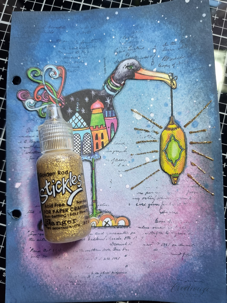 Rangerink, Sickles, Light, Lantern, Artjournal, Art by Marlene, Tim Holtz Distress Oxide Spray, Stampers Anonymous, Entomology, CMS328, Background, Highlights, gold, Keep looking where the light pours in - Artjournal page, Lantern, Artjournal