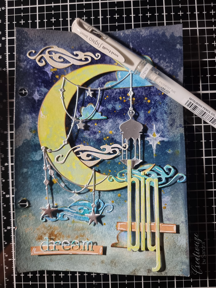 gel pen, white pigment ink, uni-ball, highlights, sizzix, rangerink, tim holtz, dina wakley, dream big - artjournal page