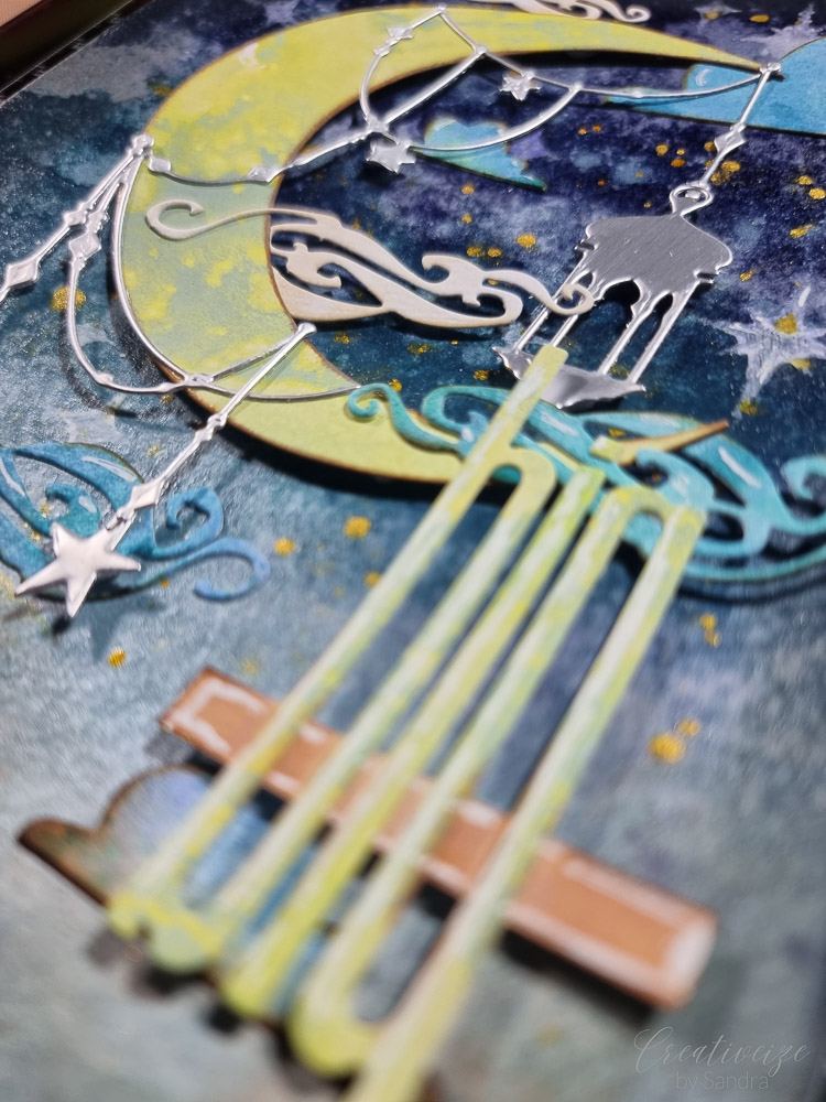 Detail, artjournal, Sizzix, Tim Holtz, Dina Wakley, Distress mica stain, Distress oxide ink, Stampers anonymous, stencil, moon, clouds, papercraft, stars, dream big - artjournal page, dream big - artjournal page